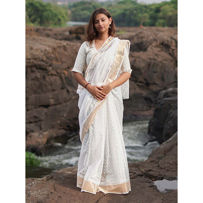 Chidiyaa Safed Birch Moon Kota Doria White Block Printed Saree with Unstitched Blouse