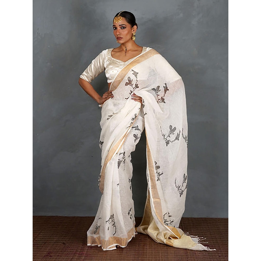 Chidiyaa Aabroo White Hand Block Linen Saree with Unstitched Blouse