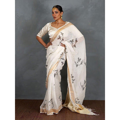 Chidiyaa Aabroo White Hand Block Linen Saree with Unstitched Blouse