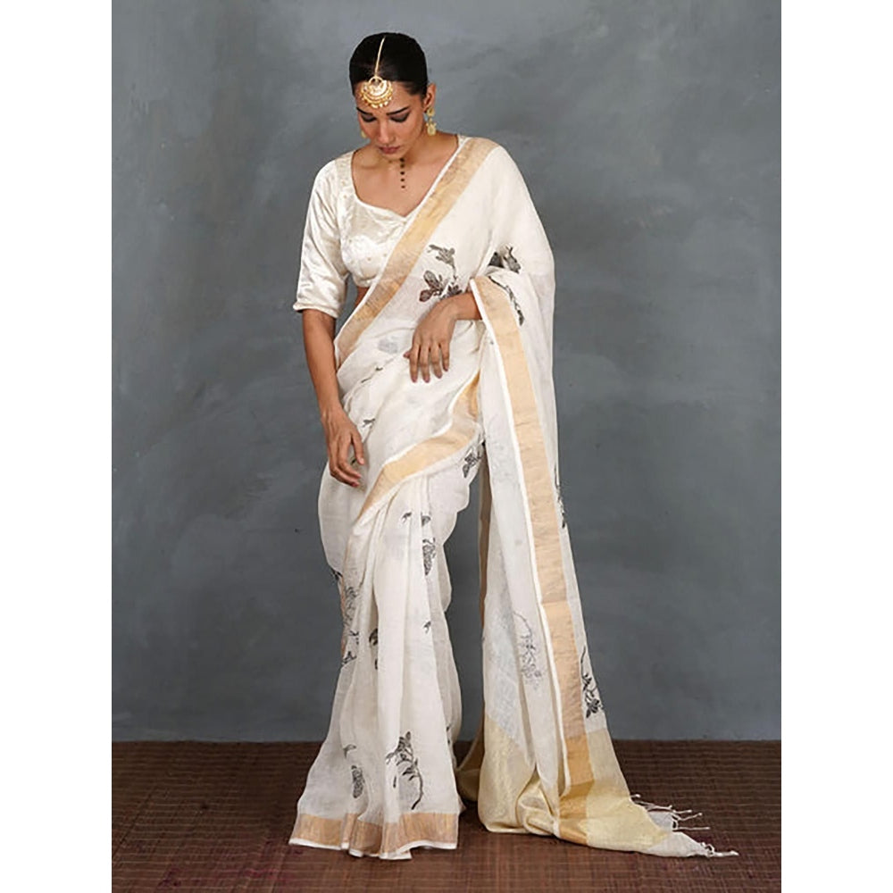 Chidiyaa Aabroo White Hand Block Linen Saree with Unstitched Blouse