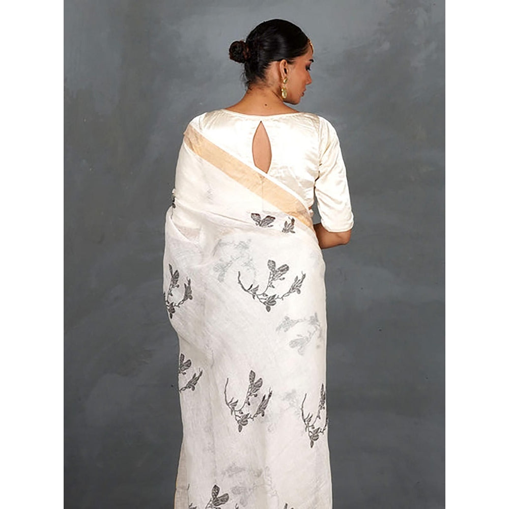 Chidiyaa Aabroo White Hand Block Linen Saree with Unstitched Blouse
