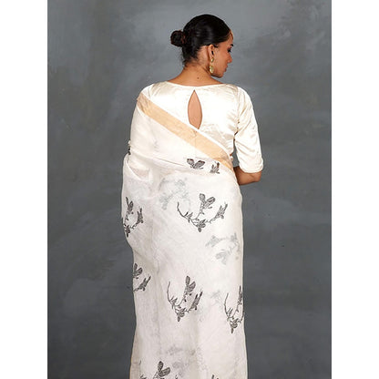 Chidiyaa Aabroo White Hand Block Linen Saree with Unstitched Blouse