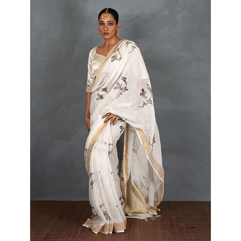 Chidiyaa Aabroo White Hand Block Linen Saree with Unstitched Blouse