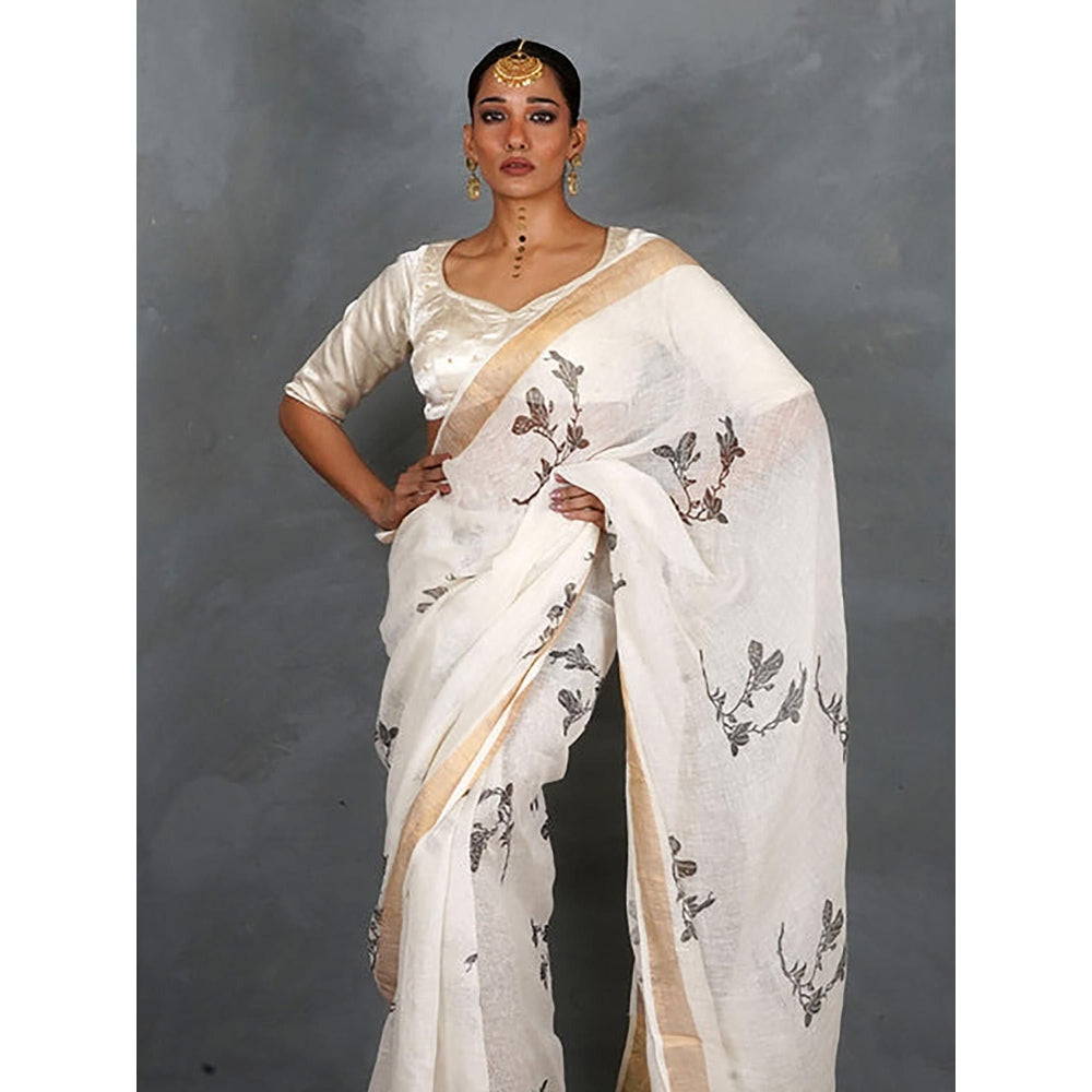 Chidiyaa Aabroo White Hand Block Linen Saree with Unstitched Blouse