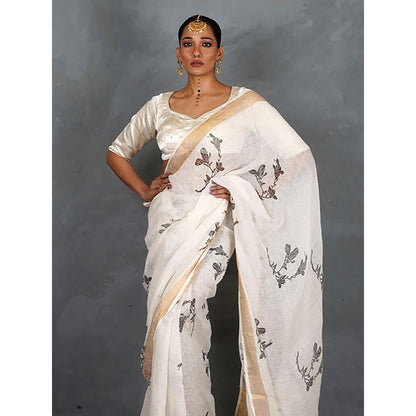 Chidiyaa Aabroo White Hand Block Linen Saree with Unstitched Blouse