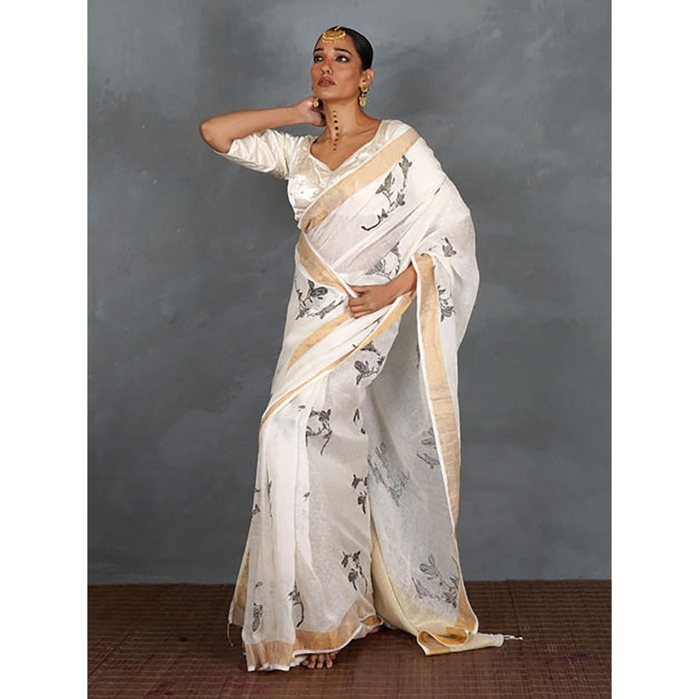 Chidiyaa Aabroo White Hand Block Linen Saree with Unstitched Blouse