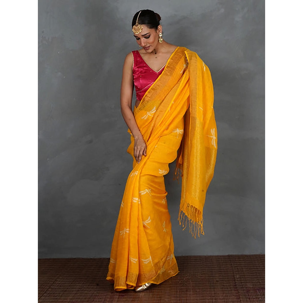 Chidiyaa Roshni Yellow Hand Block Linen Saree with Unstitched Blouse