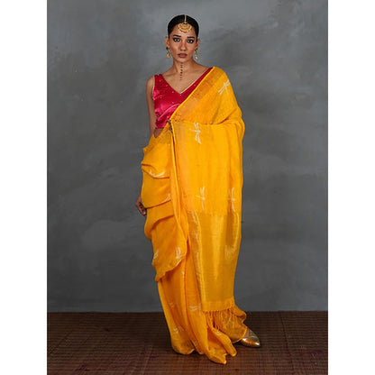 Chidiyaa Roshni Yellow Hand Block Linen Saree with Unstitched Blouse