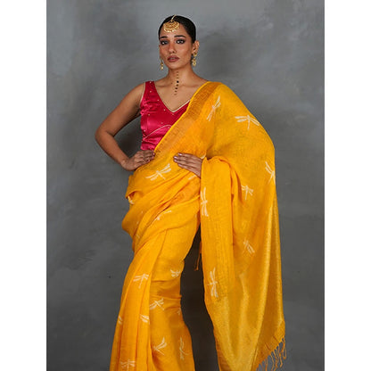 Chidiyaa Roshni Yellow Hand Block Linen Saree with Unstitched Blouse