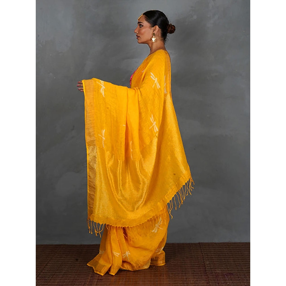 Chidiyaa Roshni Yellow Hand Block Linen Saree with Unstitched Blouse