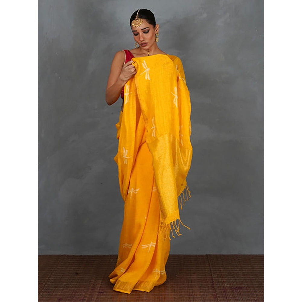 Chidiyaa Roshni Yellow Hand Block Linen Saree with Unstitched Blouse