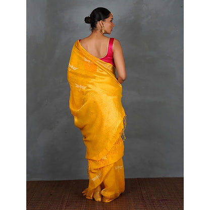 Chidiyaa Roshni Yellow Hand Block Linen Saree with Unstitched Blouse