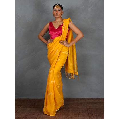Chidiyaa Roshni Yellow Hand Block Linen Saree with Unstitched Blouse