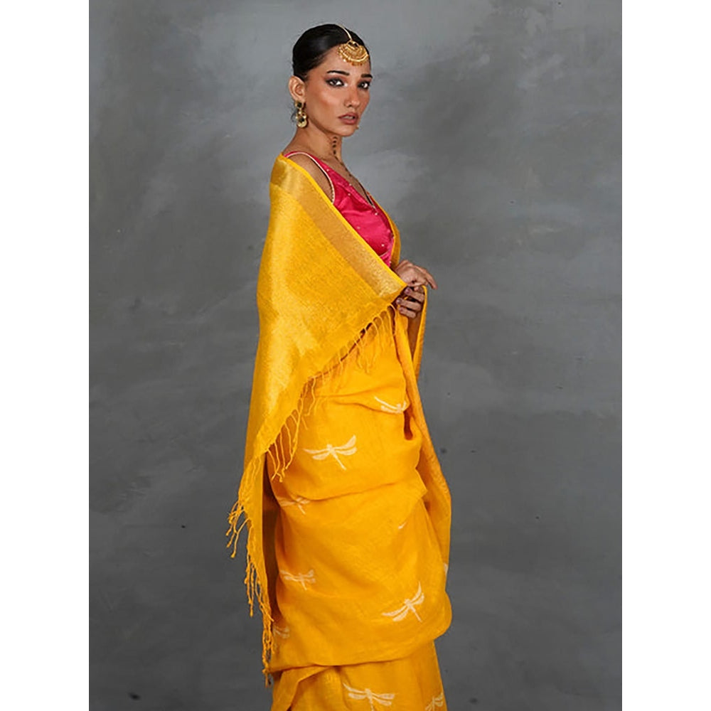 Chidiyaa Roshni Yellow Hand Block Linen Saree with Unstitched Blouse