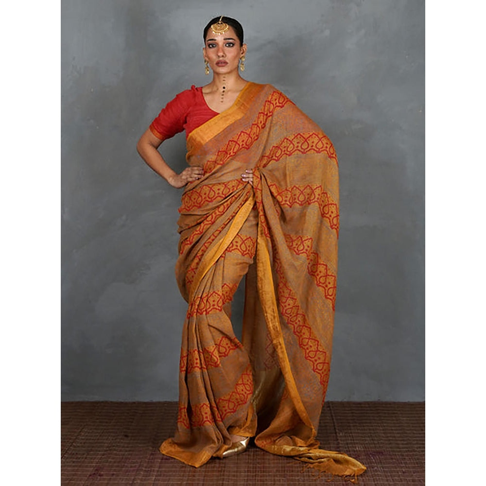 Chidiyaa Deepika Mustard Hand Block Linen Saree with