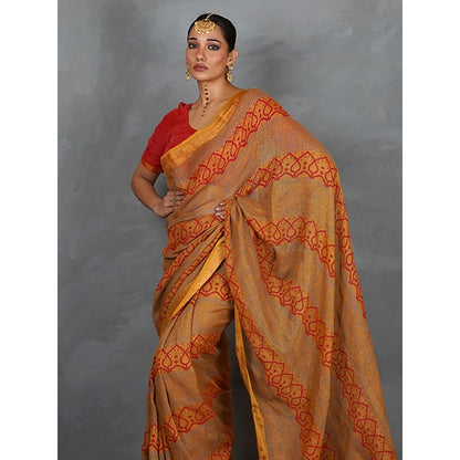 Chidiyaa Deepika Mustard Hand Block Linen Saree with