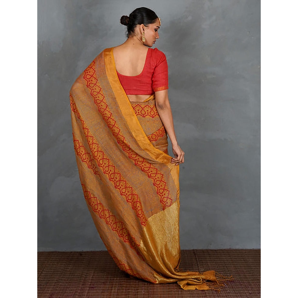 Chidiyaa Deepika Mustard Hand Block Linen Saree with
