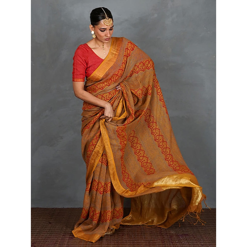 Chidiyaa Deepika Mustard Hand Block Linen Saree with