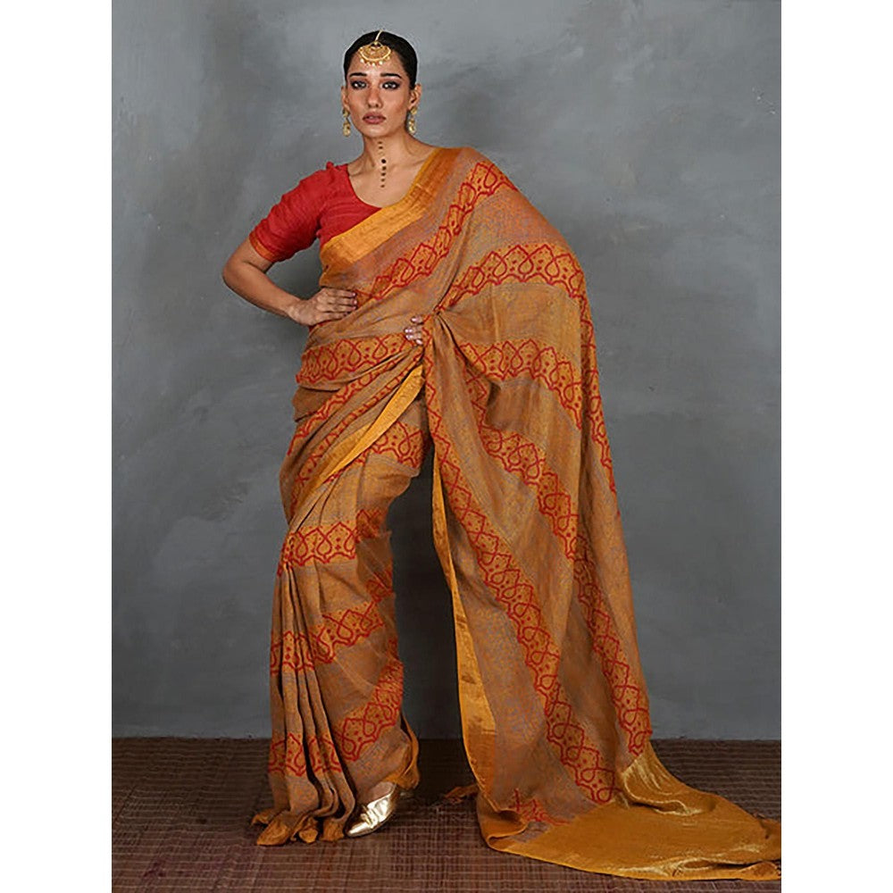 Chidiyaa Deepika Mustard Hand Block Linen Saree with