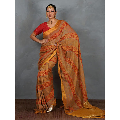 Chidiyaa Deepika Mustard Hand Block Linen Saree with