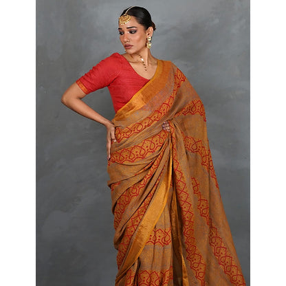 Chidiyaa Deepika Mustard Hand Block Linen Saree with