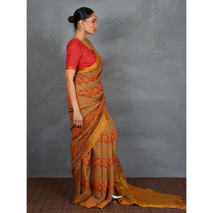 Chidiyaa Deepika Mustard Hand Block Linen Saree with