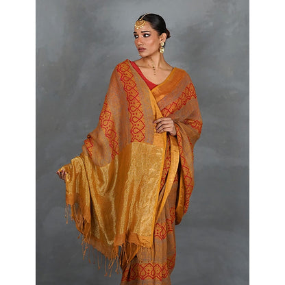 Chidiyaa Deepika Mustard Hand Block Linen Saree with