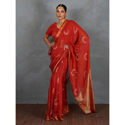 Chidiyaa Tarani Red Hand Block Linen Saree with Unstitched Blouse