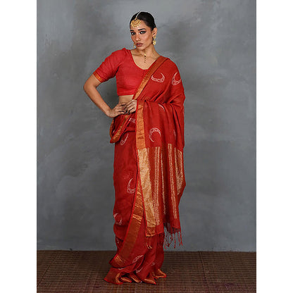 Chidiyaa Tarani Red Hand Block Linen Saree with Unstitched Blouse