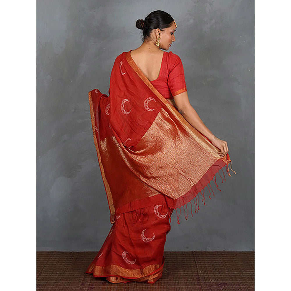 Chidiyaa Tarani Red Hand Block Linen Saree with Unstitched Blouse