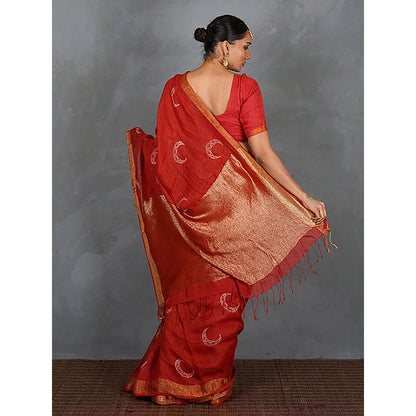 Chidiyaa Tarani Red Hand Block Linen Saree with Unstitched Blouse