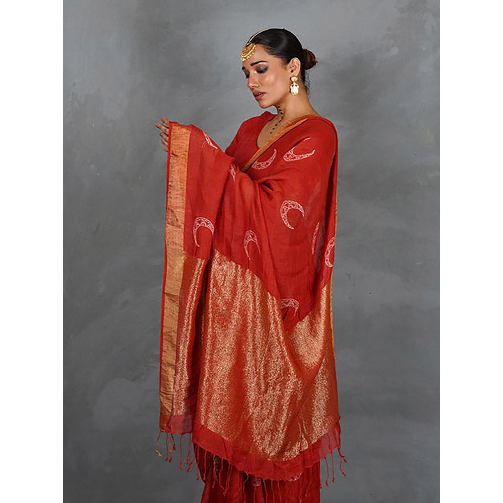 Chidiyaa Tarani Red Hand Block Linen Saree with Unstitched Blouse