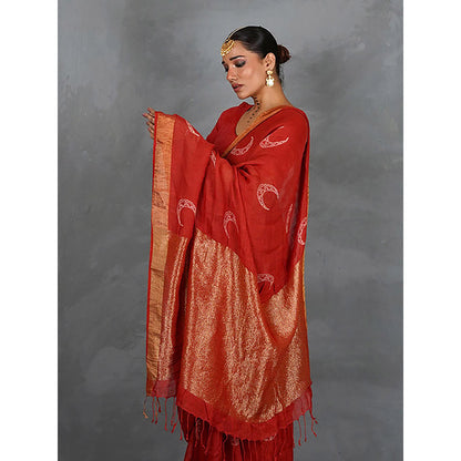 Chidiyaa Tarani Red Hand Block Linen Saree with Unstitched Blouse