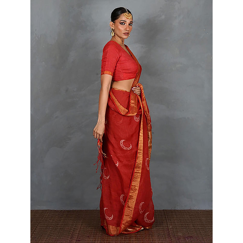 Chidiyaa Tarani Red Hand Block Linen Saree with Unstitched Blouse