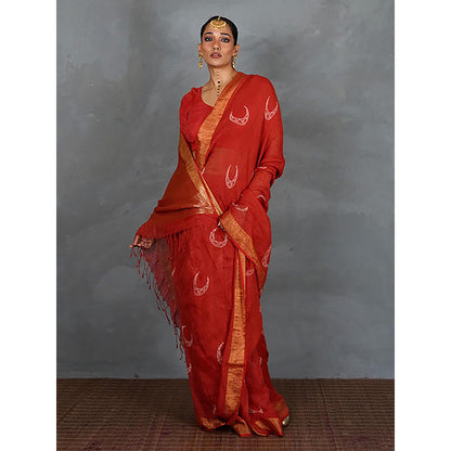 Chidiyaa Tarani Red Hand Block Linen Saree with Unstitched Blouse