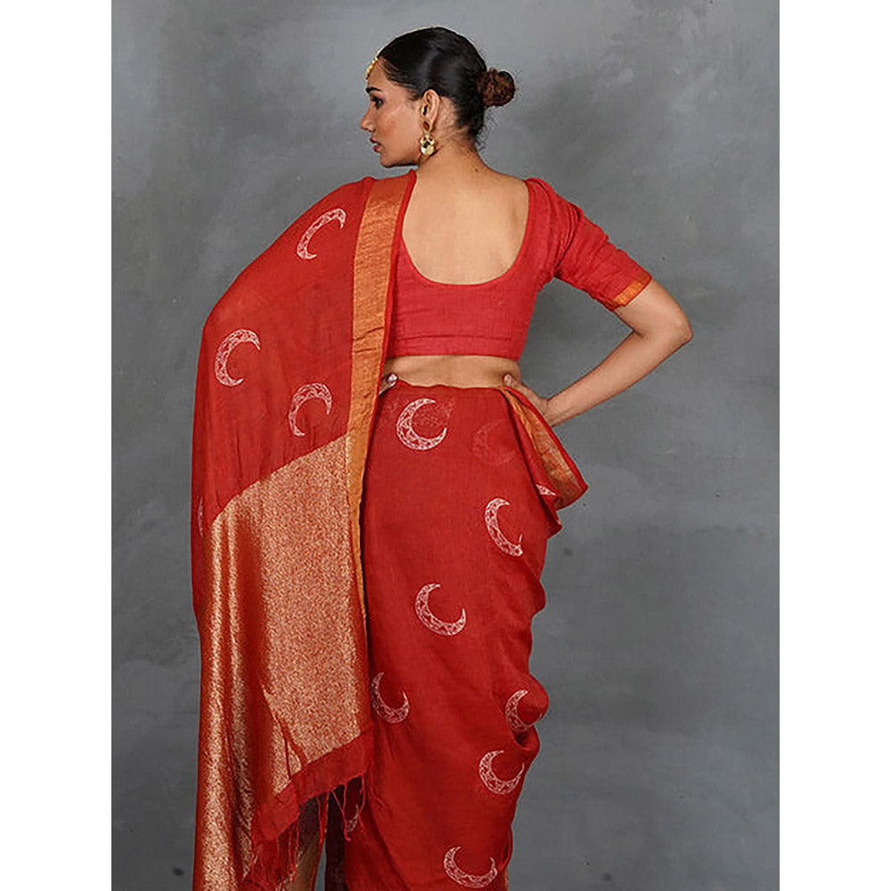 Chidiyaa Tarani Red Hand Block Linen Saree with Unstitched Blouse