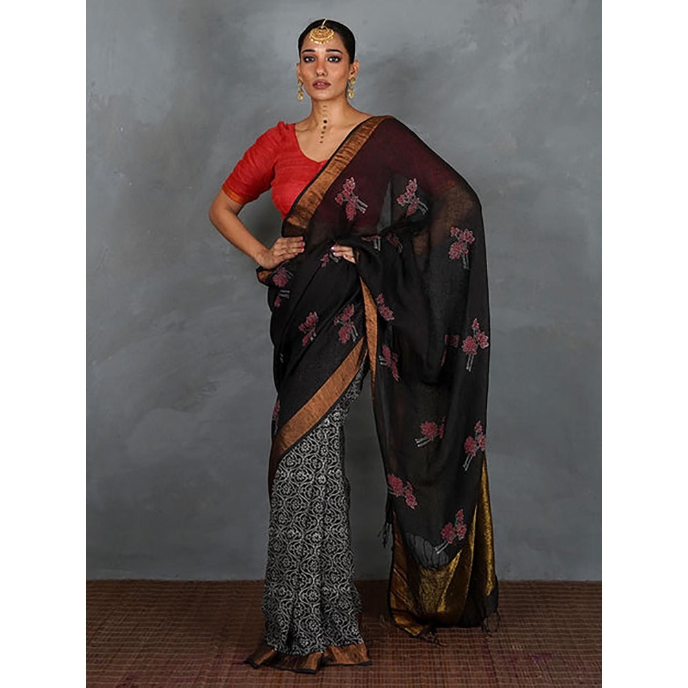 Chidiyaa Tejasvi Black Hand Block Linen Saree with Unstitched Blouse