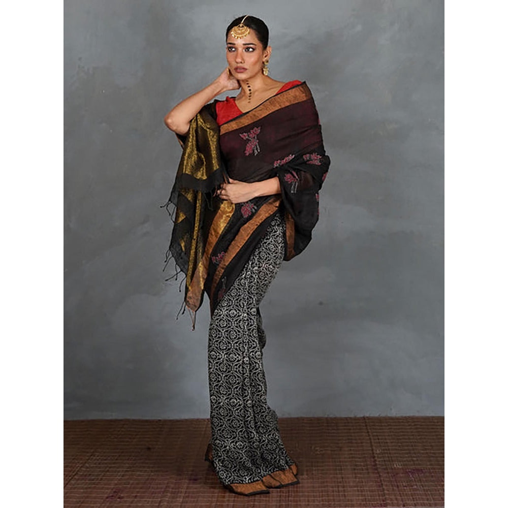 Chidiyaa Tejasvi Black Hand Block Linen Saree with Unstitched Blouse