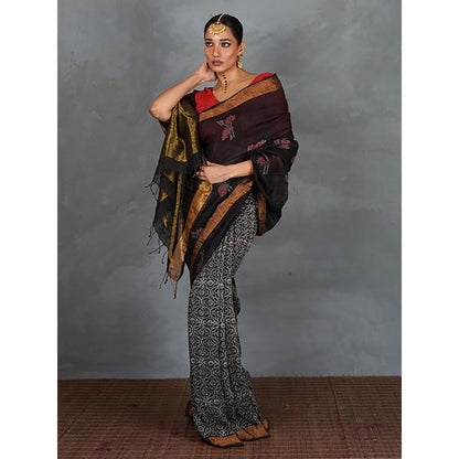 Chidiyaa Tejasvi Black Hand Block Linen Saree with Unstitched Blouse