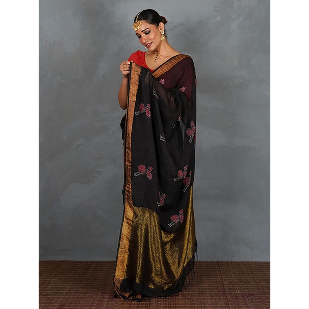 Chidiyaa Tejasvi Black Hand Block Linen Saree with Unstitched Blouse