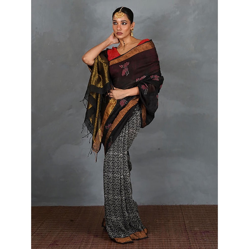 Chidiyaa Tejasvi Black Hand Block Linen Saree with Unstitched Blouse