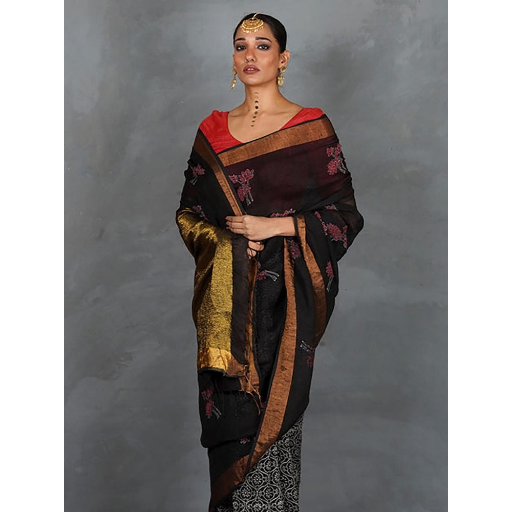 Chidiyaa Tejasvi Black Hand Block Linen Saree with Unstitched Blouse