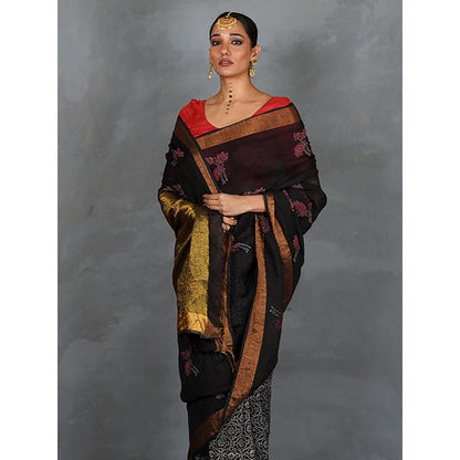 Chidiyaa Tejasvi Black Hand Block Linen Saree with Unstitched Blouse