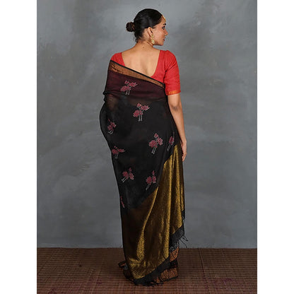Chidiyaa Tejasvi Black Hand Block Linen Saree with Unstitched Blouse