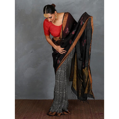 Chidiyaa Tejasvi Black Hand Block Linen Saree with Unstitched Blouse