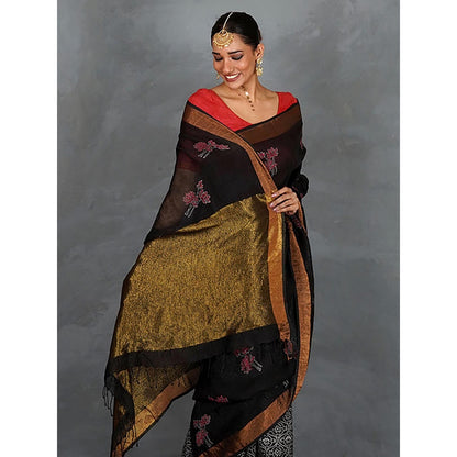 Chidiyaa Tejasvi Black Hand Block Linen Saree with Unstitched Blouse