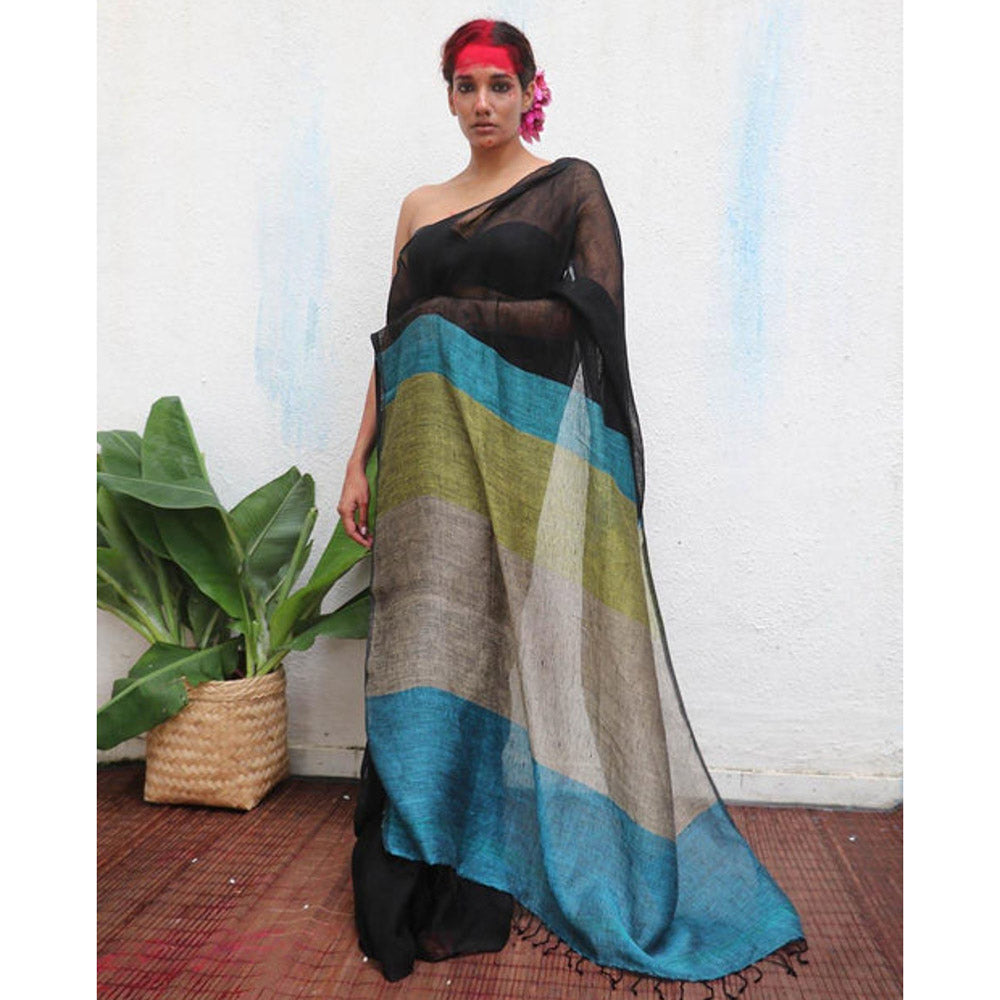 Chidiyaa Virupakshi Black Handwoven Linen Saree with Unstitched Blouse - Kali