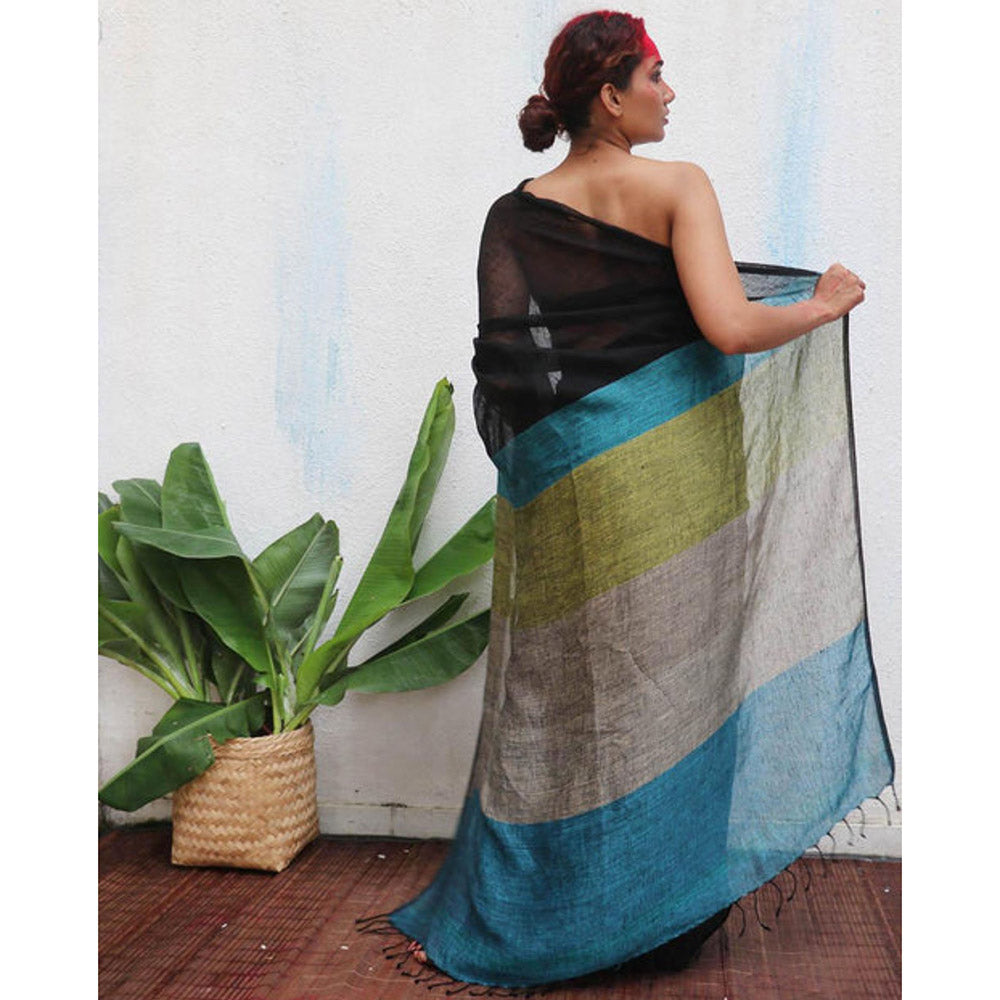 Chidiyaa Virupakshi Black Handwoven Linen Saree with Unstitched Blouse - Kali