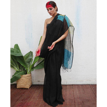 Chidiyaa Virupakshi Black Handwoven Linen Saree with Unstitched Blouse - Kali