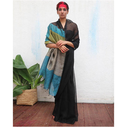 Chidiyaa Virupakshi Black Handwoven Linen Saree with Unstitched Blouse - Kali